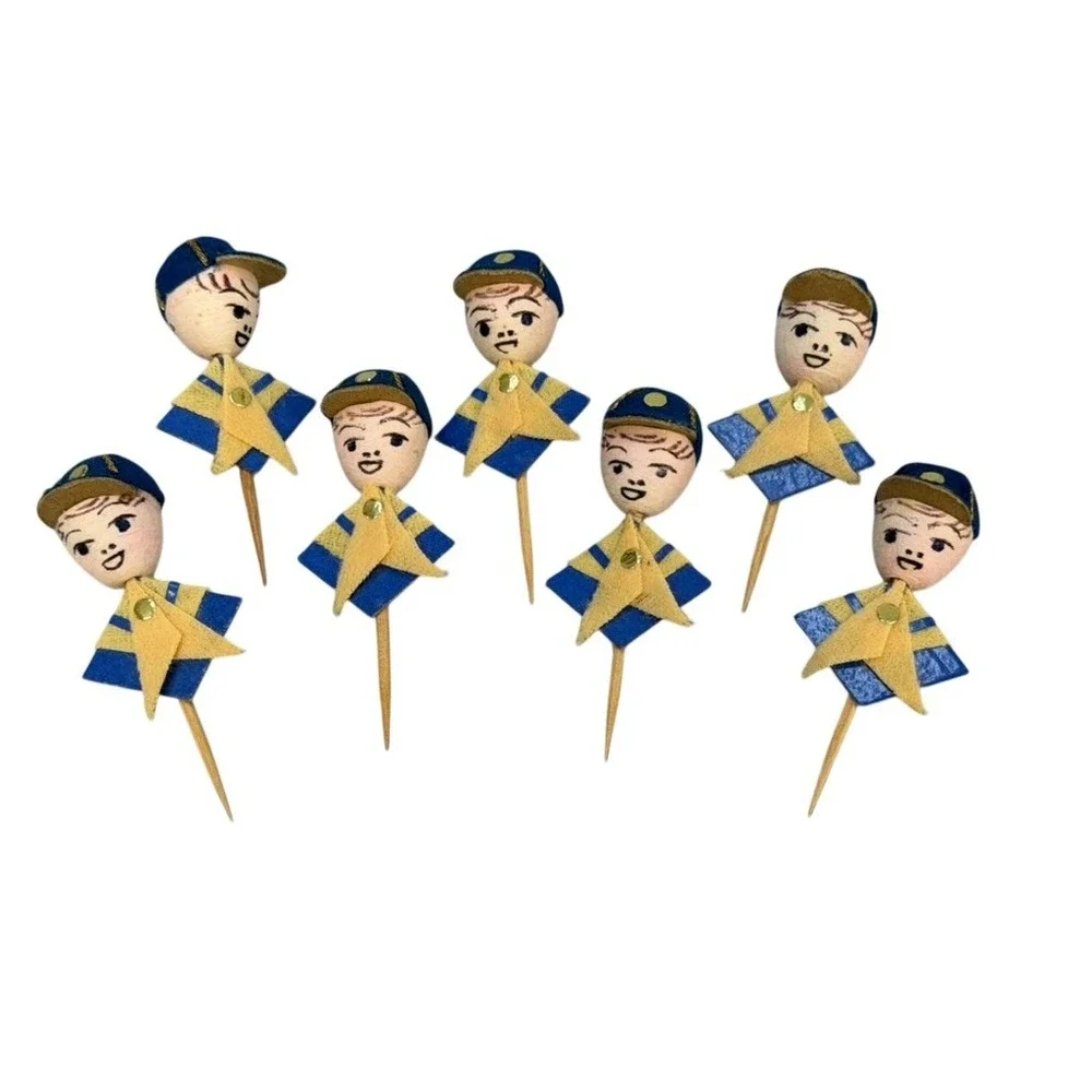 Vintage 1950's Boy Scout Spun Cup Cake Topper Party Picks Set of 7 Made in Japan